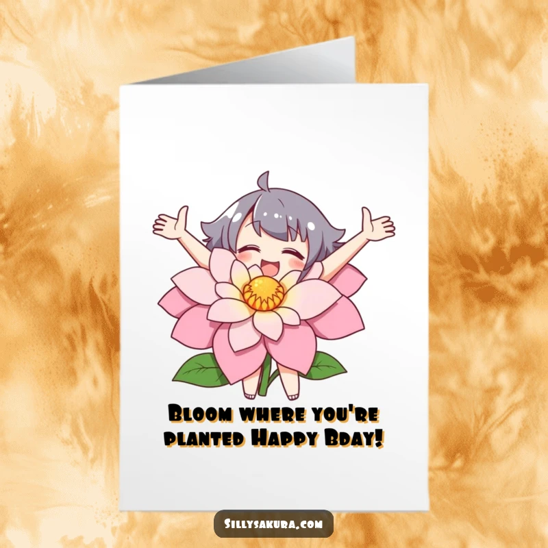 Funny Free Printable Birthday Card: A character joyfully embraces a large flower with outstretched arms, a blooming downloadable greeting.