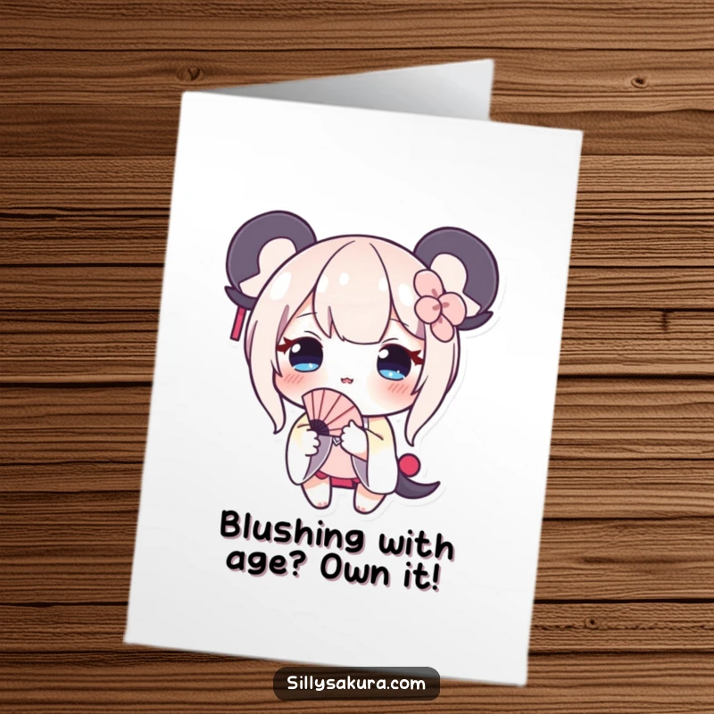 Funny Free Printable Birthday Card: Shy character with a blush offers a tiny fan for a cool and humorous birthday greeting.