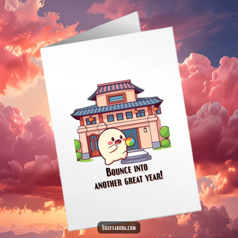 Funny Free Printable Birthday Card: Rounded character playfully bouncing a colorful ball against a building, celebrating a fun birthday.