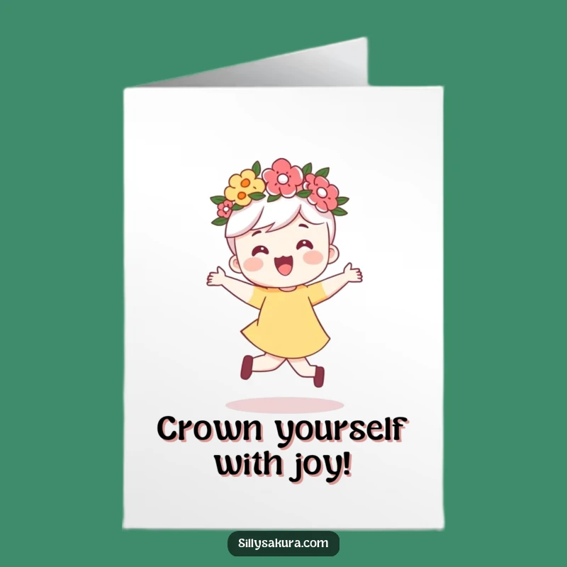 Free Printable Birthday Card: Joyful Flower Crown Character - Skip into Funny Downloadable Fun!