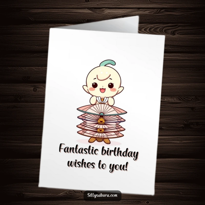 Funny Free Printable Birthday Card featuring a happy character skillfully balancing a stack of small, decorative fans, looking cool and collected.