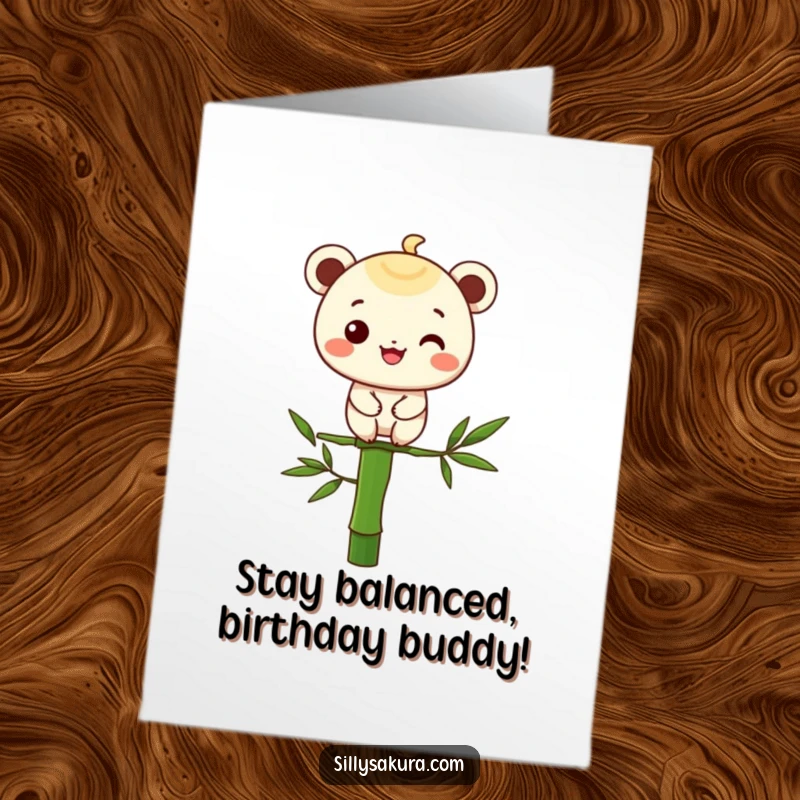Funny Free Printable Birthday Card: A character grinning widely while precariously balanced on a single bamboo stalk.