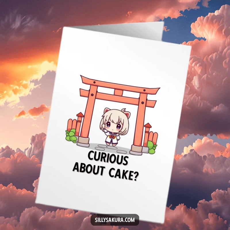 Funny Free Printable Birthday Card: A character with a curious expression peeking playfully from behind a vibrant red torii gate.