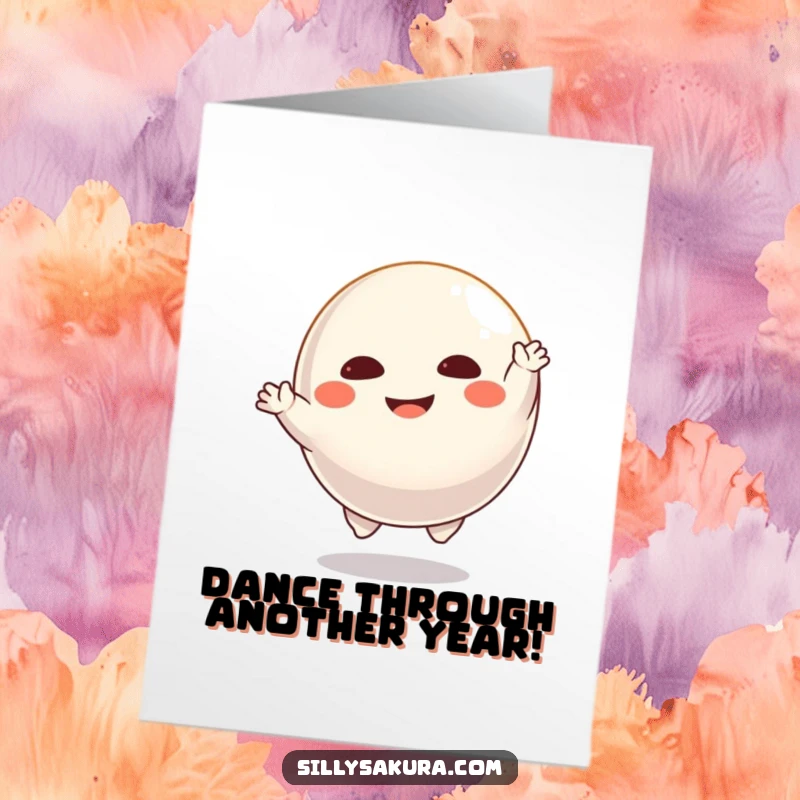 Funny Free Printable Birthday Card: Floating Daruma doll character joyfully imitating a dancing pose, spreading birthday cheer.