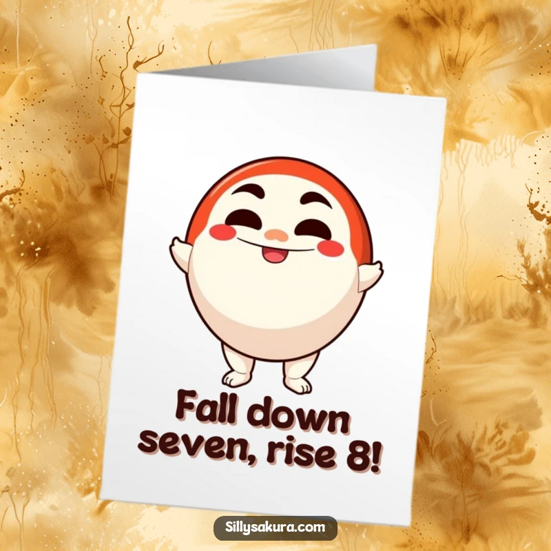Funny Free Printable Birthday Card featuring a happy Daruma doll character wobbling but standing tall with a determined, smiling face.
