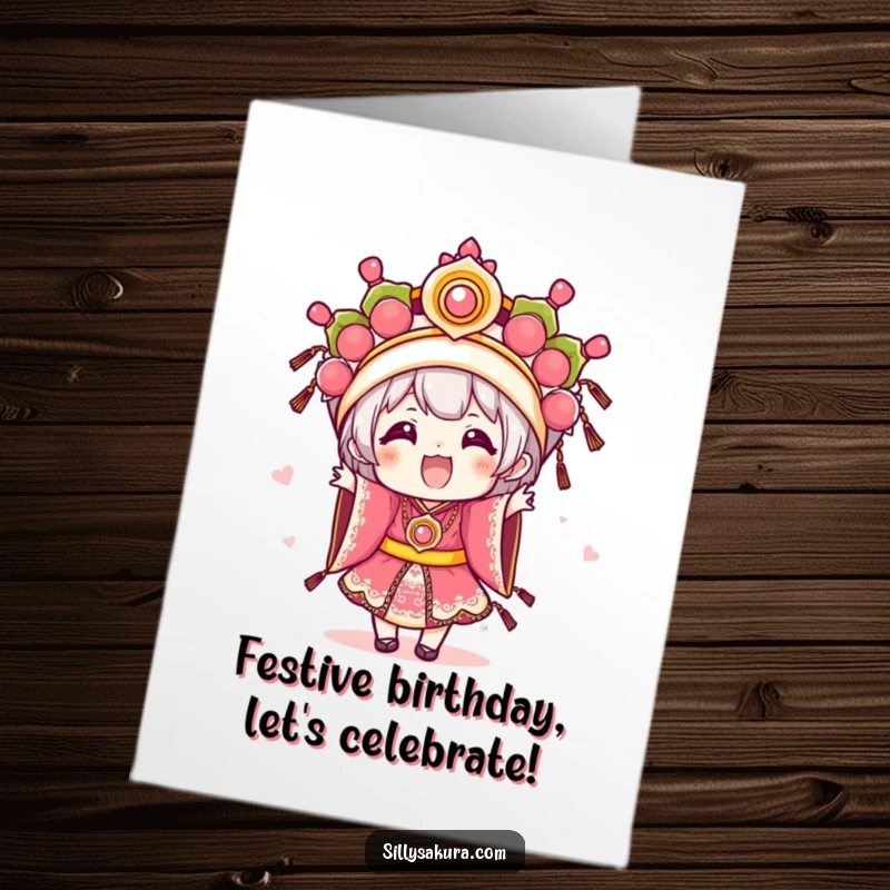 Funny Free Printable Birthday Card: Kawaii character excitedly wearing elaborate festival attire, celebrating with festive joy.