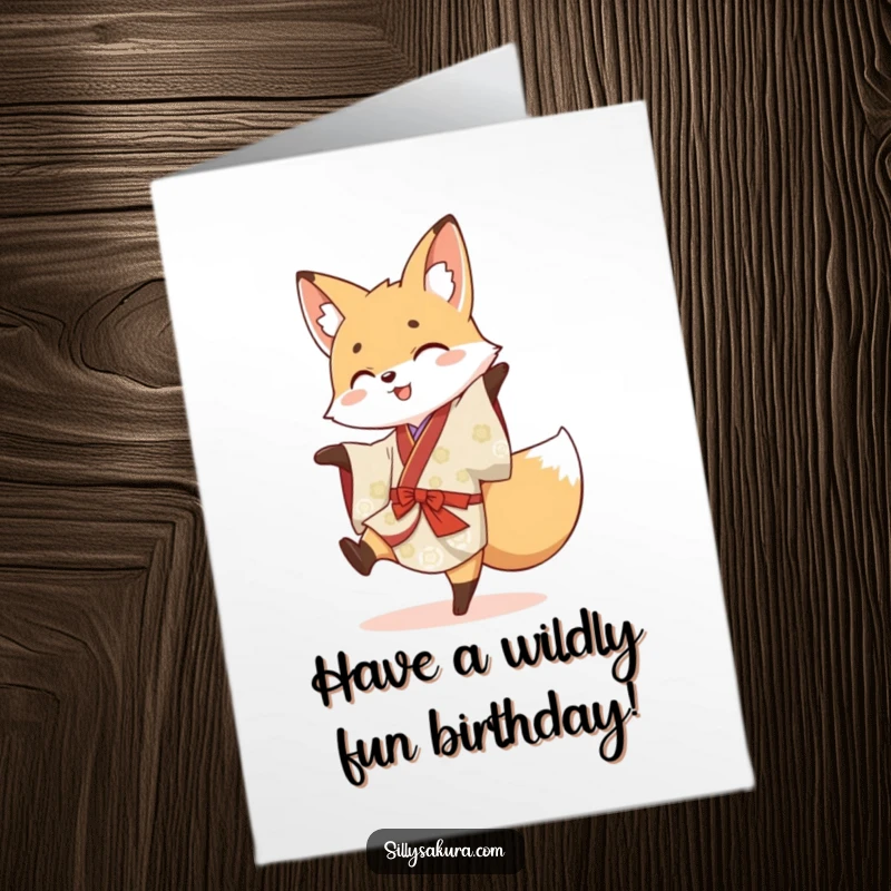 Funny Free Printable Birthday Card: A cheerful fox in a kimono attempts a cartwheel.