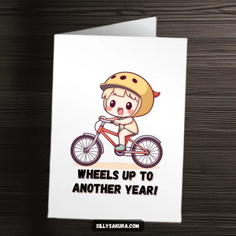 Funny Free Printable Birthday Card: Excited character joyfully rides a tiny bicycle, perfect for a humorous DIY gift.
