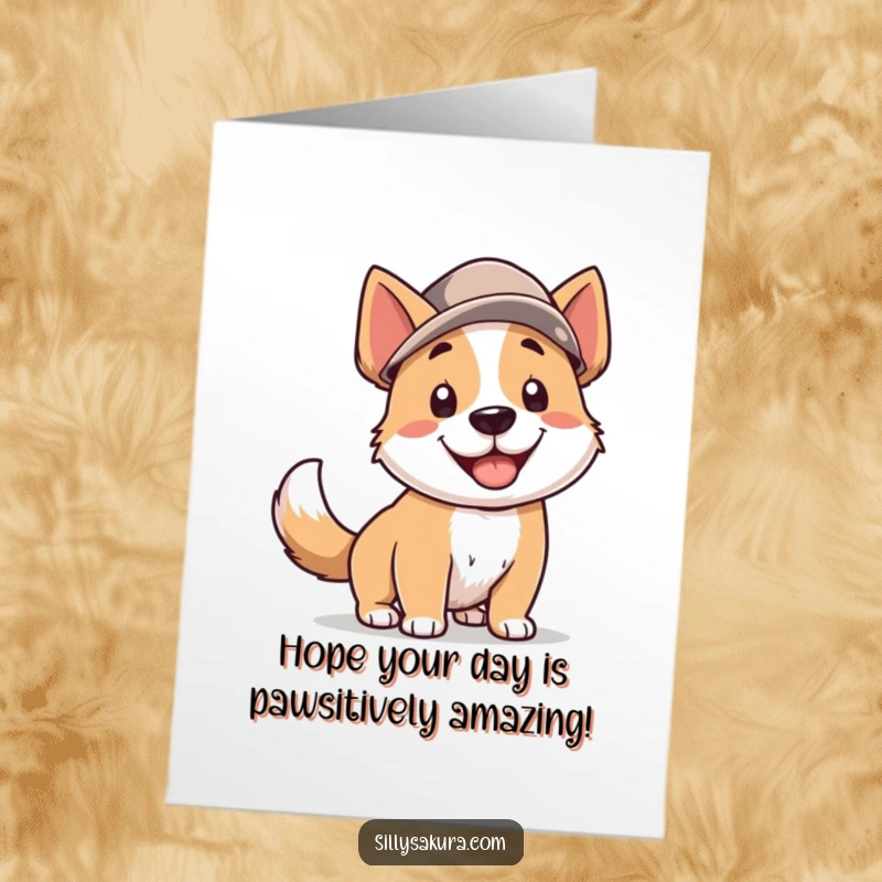 Funny Free Printable Birthday Card, dog in hat wagging tail with excitement, perfect for sending cheerful wishes