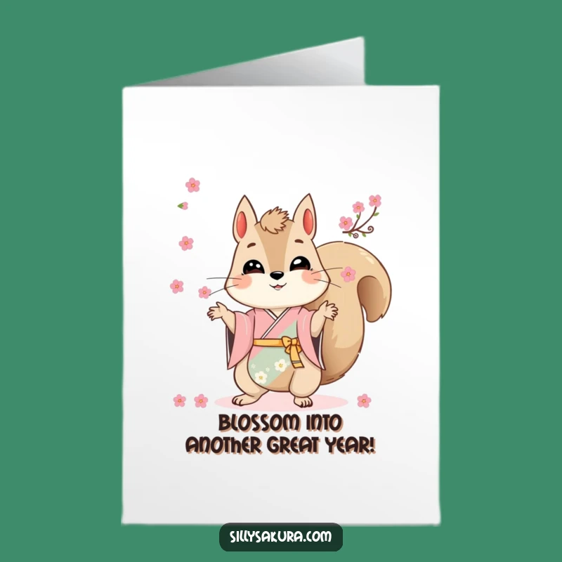 Free Printable Birthday Card: Funny Squirrel Kimono Juggling Blossoms - Downloadable Gift