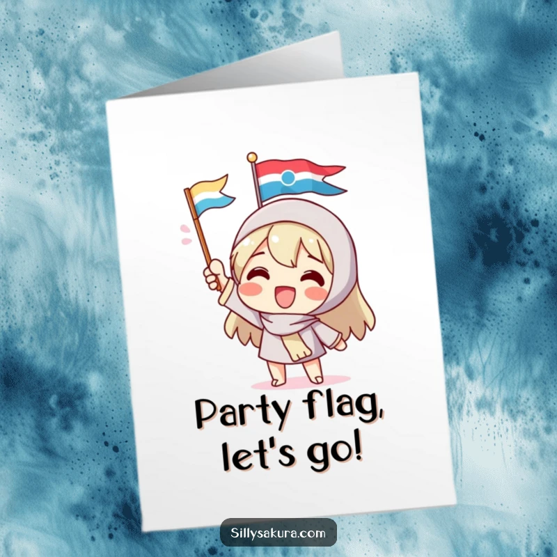 Funny Free Printable Birthday Card: Delighted character joyfully waving a small, colorful flag, perfect for a DIY greeting.