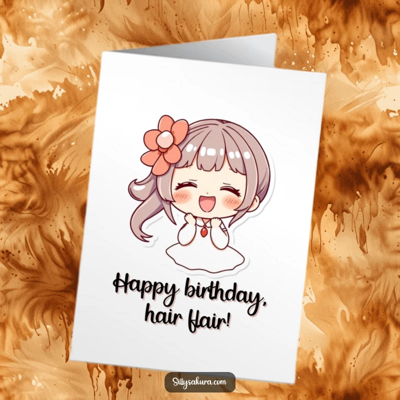 Funny Free Printable Birthday Card: Character giggling adorably while wearing a large, decorative hairpin, spreading birthday cheer.