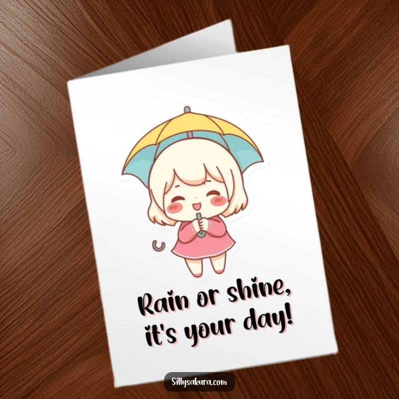 Funny Free Printable Birthday Card: A rosy-cheeked character giggles while holding a tiny umbrella, a sweet and downloadable greeting.