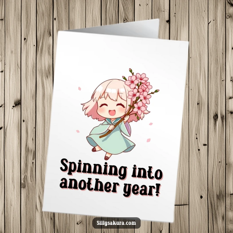 Funny Free Printable Birthday Card: Joyful character spinning happily with a bouquet of pink blossoms, perfect for DIY.