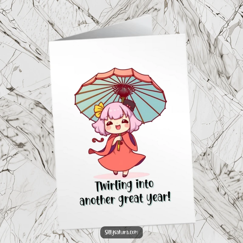 Funny Free Printable Birthday Card: Kawaii character joyfully twirling a decorative umbrella, spreading birthday cheer with a whimsical dance.