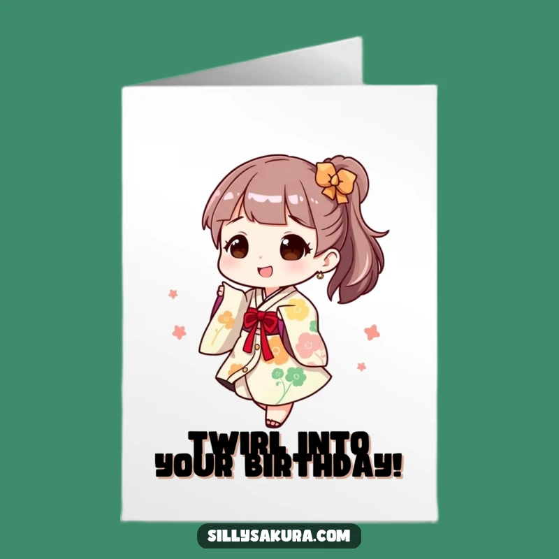 Free Printable Birthday Card: Joyful Kimono Twirl, a funny downloadable gift for a festive celebration!