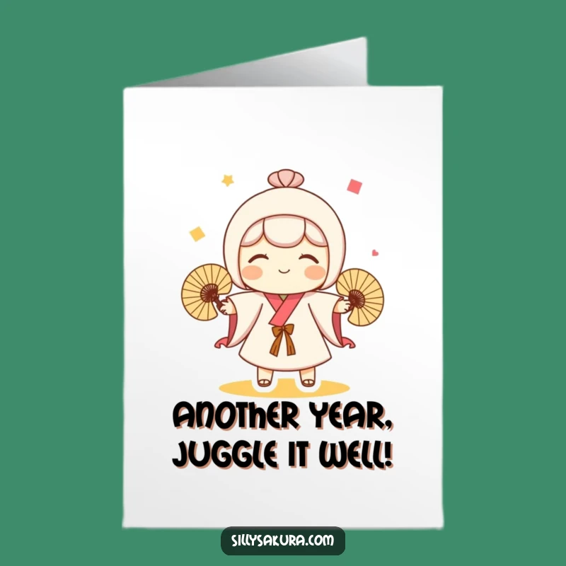 Free Printable Birthday Card: Juggling Kokeshi, Fun Twirls, Downloadable Humor Gift