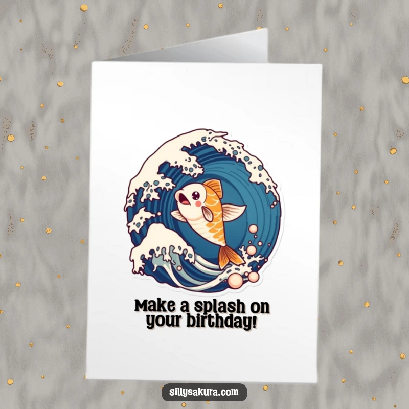 Funny Free Printable Birthday Card: A lively koi fish character energetically leaps out of a dynamic wave, celebrating! Downloadable.