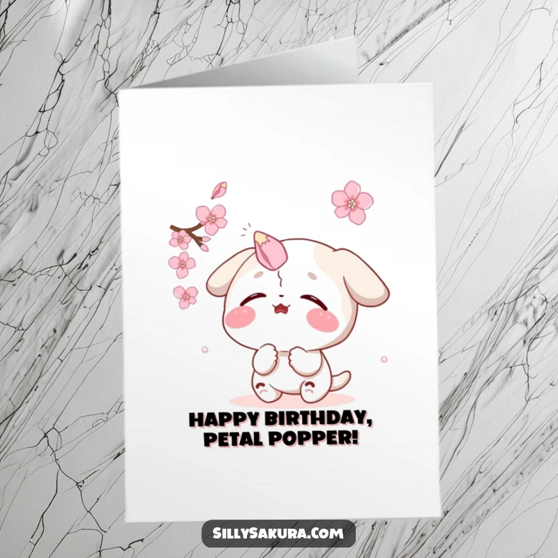 Funny Free Printable Birthday Card: Delighted character comically tries to catch a falling sakura petal on its nose.