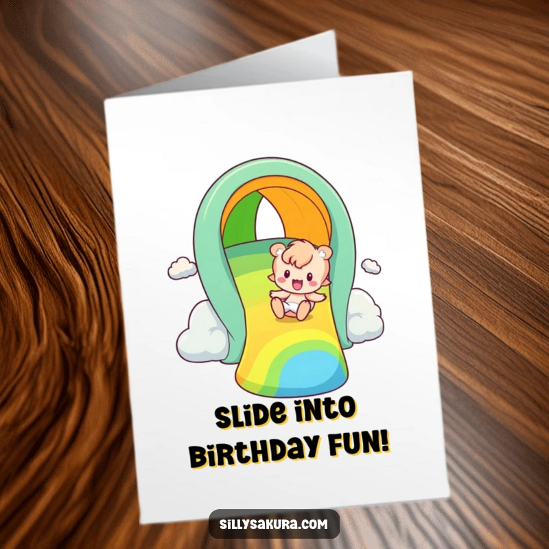 Funny Free Printable Birthday Card: A character playfully slides down a vibrant rainbow, celebrating joyfully.