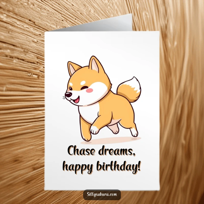 Funny Free Printable Birthday Card, a playful Shiba Inu chasing its own wagging tail in circles, pure amusement