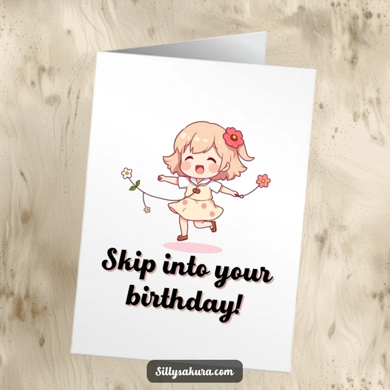 Funny Free Printable Birthday Card: A character joyfully skips rope adorned with flowers, celebrating life's joys.