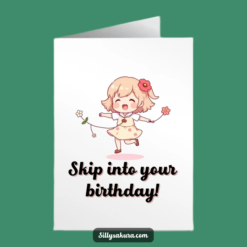 Free Printable Birthday Card: Skipping Character, Floral Downloadable Gift for a Joyful Birthday