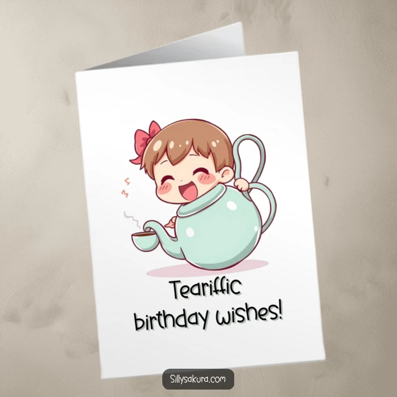 Funny Free Printable Birthday Card: Joyful character comically serves tea from an oversized, wobbling teapot, wishing happy birthday.