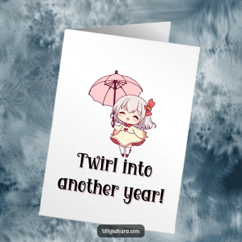 Funny Free Printable Birthday Card: Small character elegantly twirls with a parasol and a wide, happy grin.