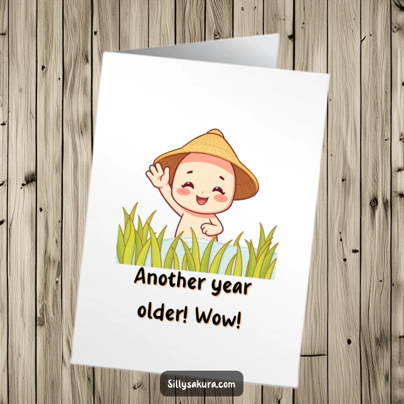 Funny Free Printable Birthday Card: Smiling character in a straw hat waves from a rice paddy, sending happy birthday wishes.