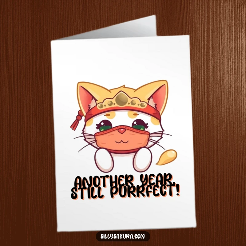 Funny Free Printable Cat Mask Birthday Card: A happy cat wearing a traditional mask peeks out mischievously, ready for celebration.