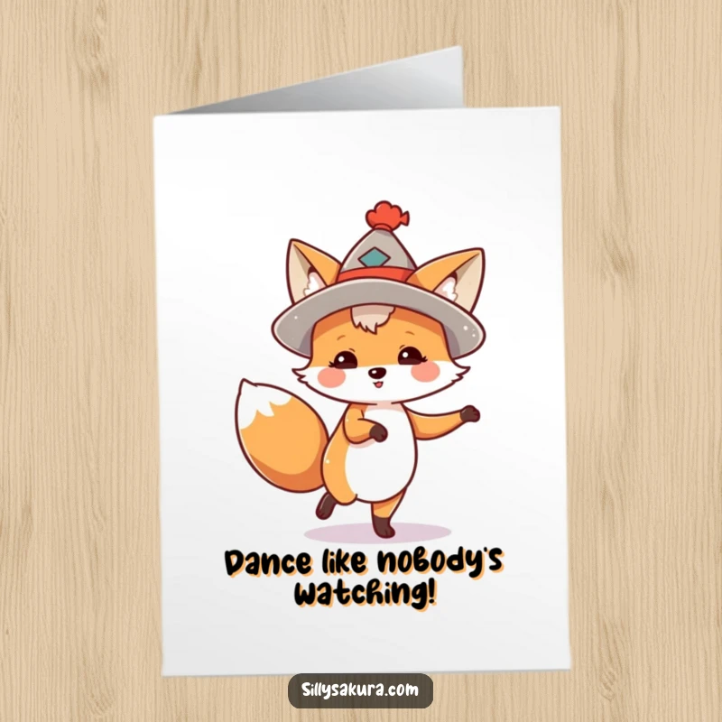 Funny Free Printable Dancing Fox Birthday Card: A little fox in a tiny hat doing a jubilant dance, ready to celebrate.