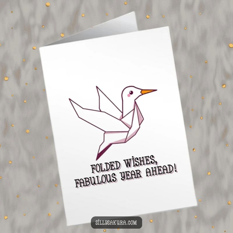 Funny Free Printable Birthday Card: Giggling origami crane takes flight with joyful abandon, spreading birthday cheer.