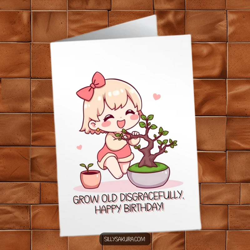 Funny Free Printable Kawaii birthday card, a cute character joyfully tending a miniature bonsai tree, spreading growth wishes.