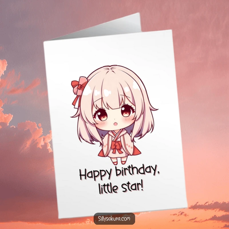 Funny free printable birthday card of a character adorably and playfully wearing a miniature Maiko wig with a mischievous grin.