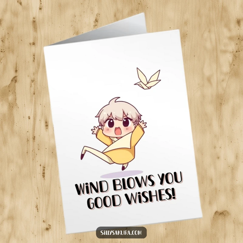 Funny free printable birthday card showing a surprised character leaping back from a sudden, happy gust of wind, a chaotic celebration.