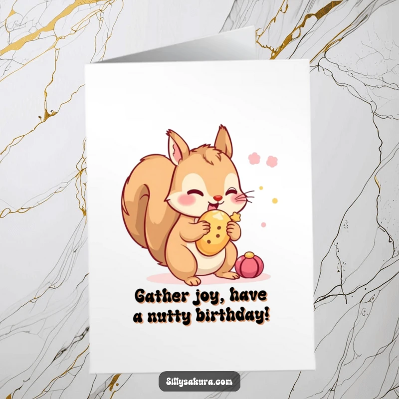Funny Free Printable Birthday Card, a tiny squirrel excitedly hiding a festival treat, preparing for a delightful surprise