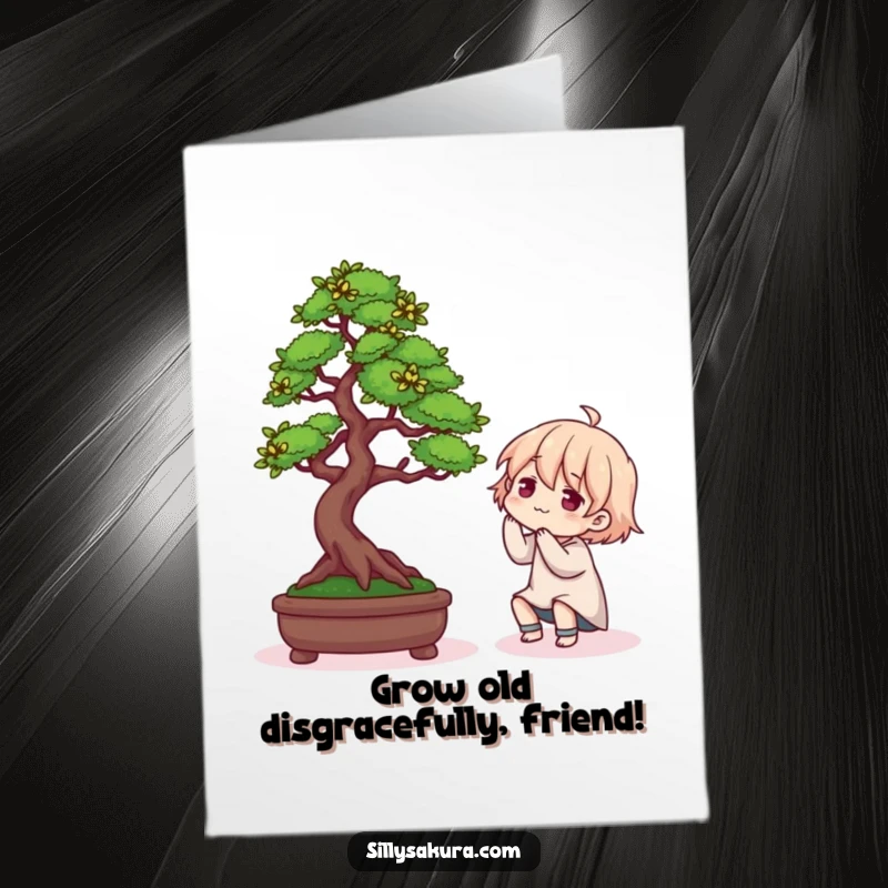 Funny Free Printable Birthday Card: A character hilariously struggling to trim a tiny Bonsai tree with comical intensity.