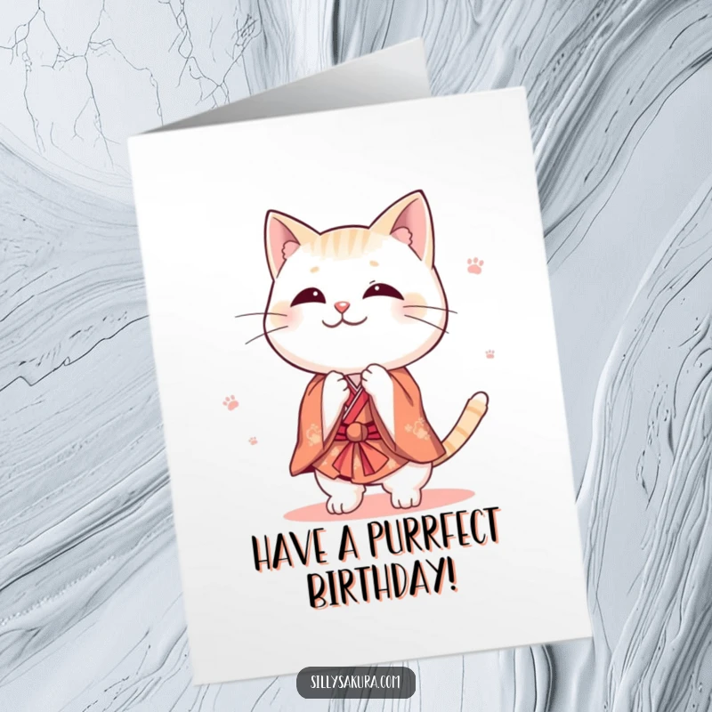Funny Free Printable Birthday Card: Cute cat in a tiny kimono performing a playful bow. Happy Birthday!
