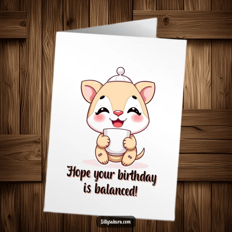 Funny Free Printable Birthday Card: A smiling character balances a teacup precariously on its nose, celebrating.