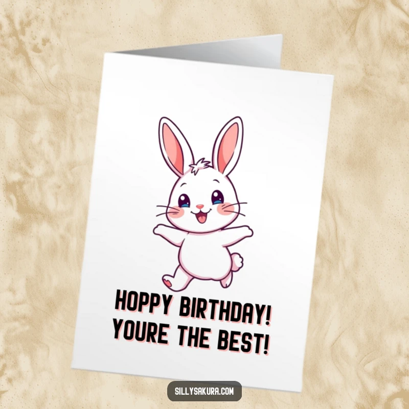 Funny Free Printable Birthday Card: A happy rabbit with perked ears, joyfully hopping with delight.