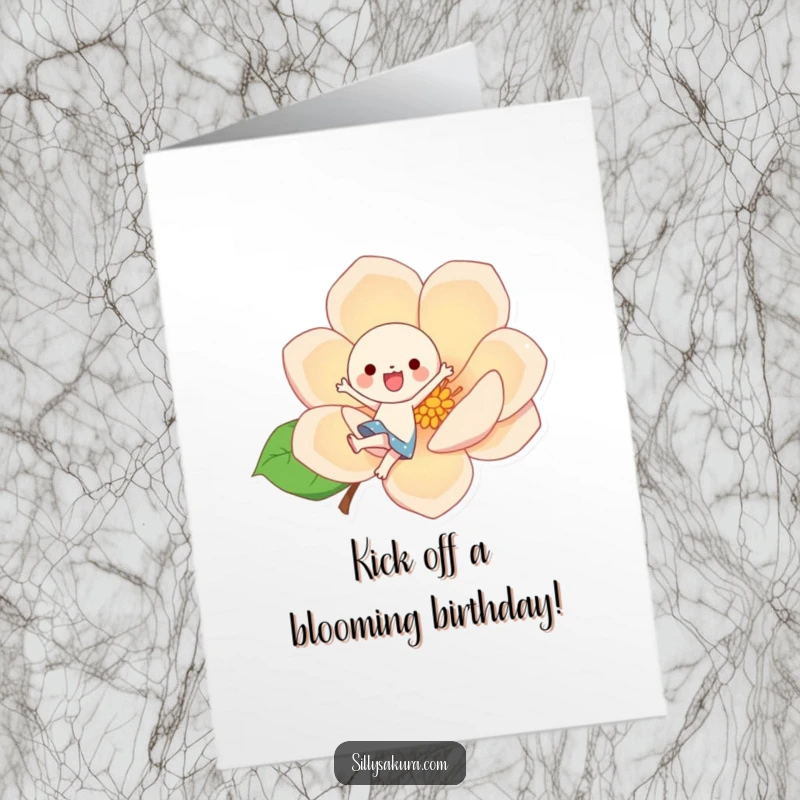 Funny Free Printable Birthday Card: A kawaii character joyfully kicks a giant stylized blossom, spreading cheer.
