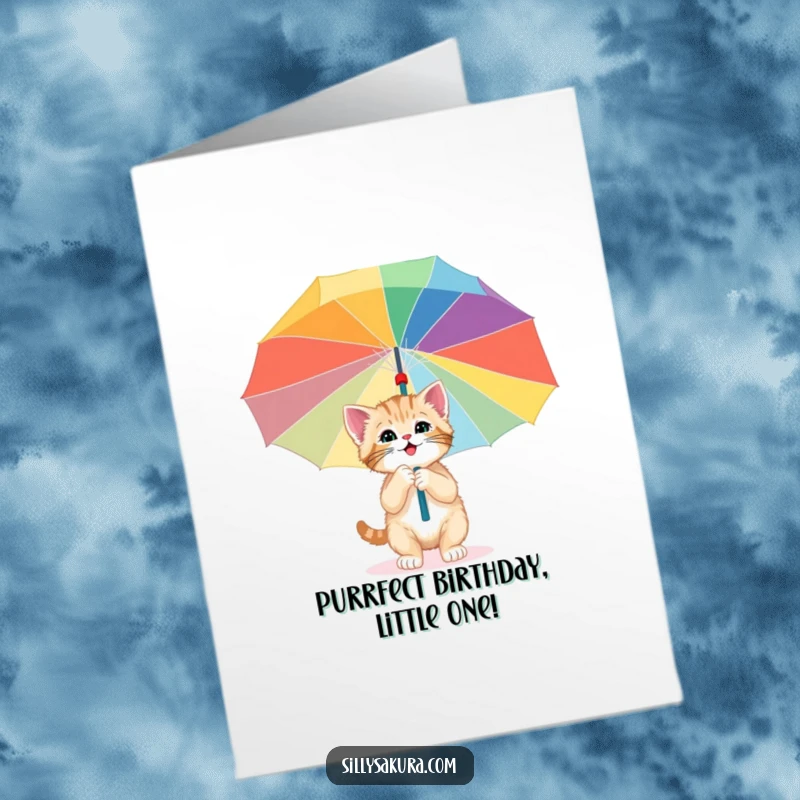 Funny Free Printable Birthday Card: A cute kitten curiously exploring the inside of a large, colorful paper umbrella.