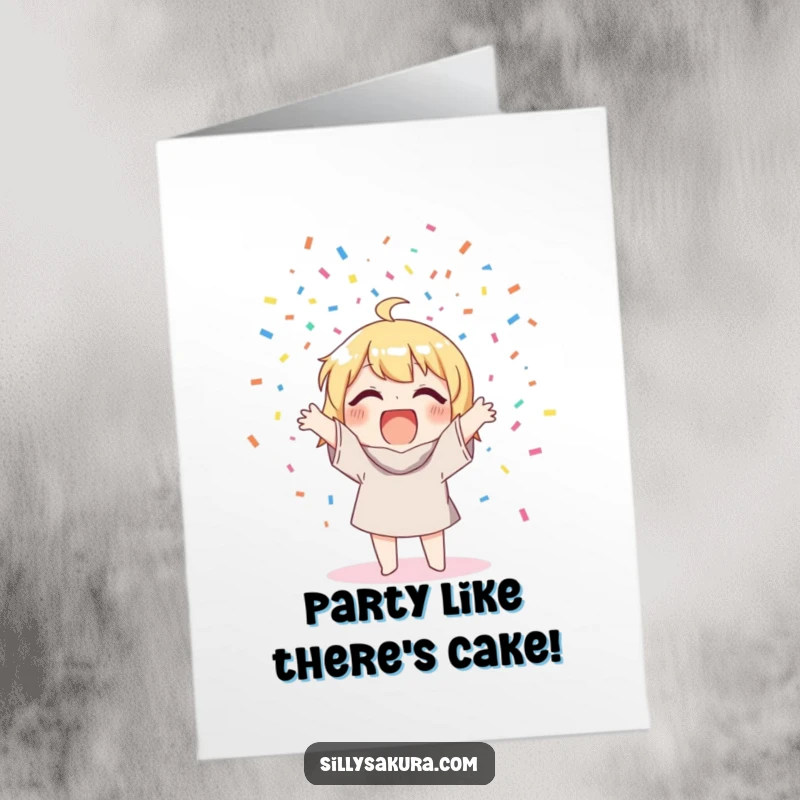 Funny Free Printable Birthday Card featuring a character gleefully tossing a rainbow of confetti, embodying pure excitement and festive cheer.