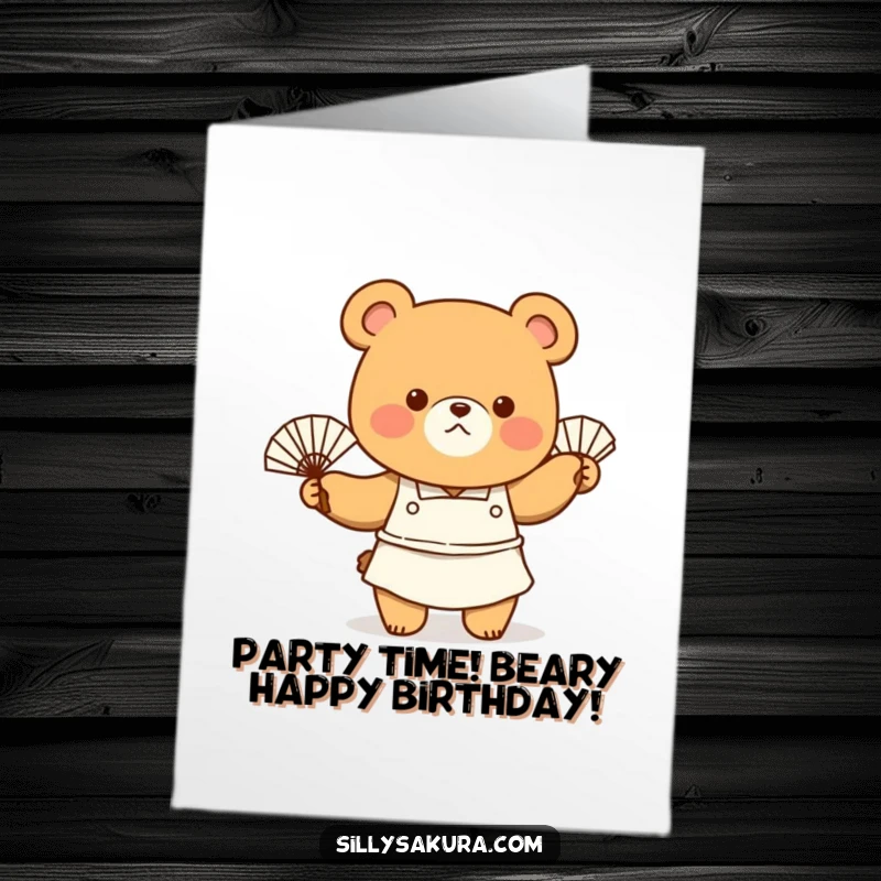 Funny Free Printable Birthday Card: Tiny bear chef in an apron, enthusiastically fanning himself to stay cool.