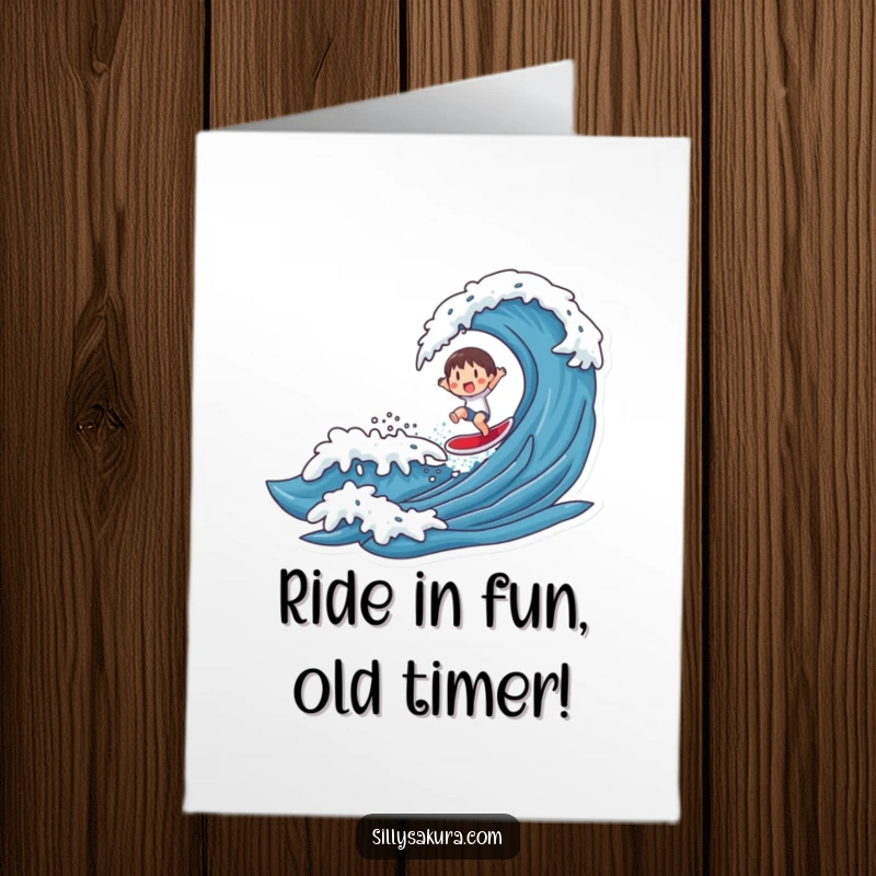 Funny Free Printable Birthday Card featuring a joyful character shredding a big wave, ready to deliver birthday wishes with style.