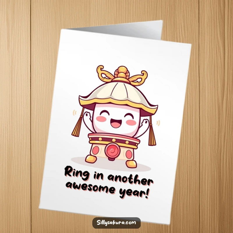 Funny Free Printable Birthday Card: Cute temple bell character ringing loudly with a joyful, celebratory vibration.