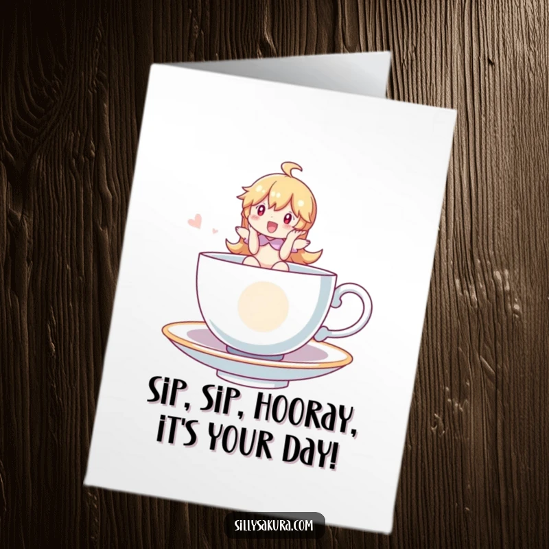Funny Free Printable Birthday Card shows a character joyfully riding a floating tea cup, suggesting a whimsical celebration.
