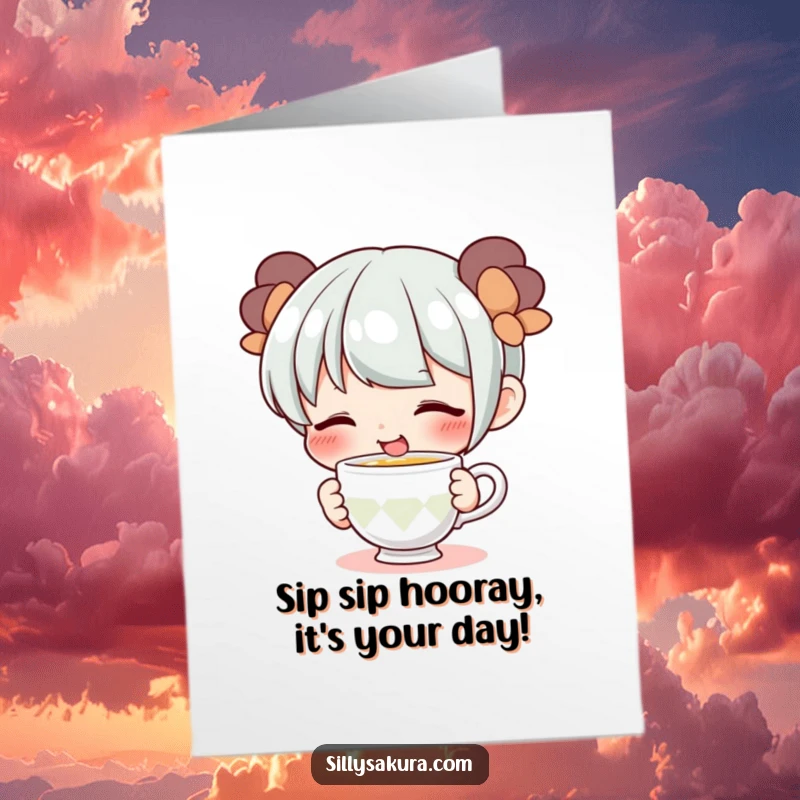 Funny Free Printable Birthday Card featuring a cute character with a wide smile playfully sipping from a tiny teacup, full of joy.