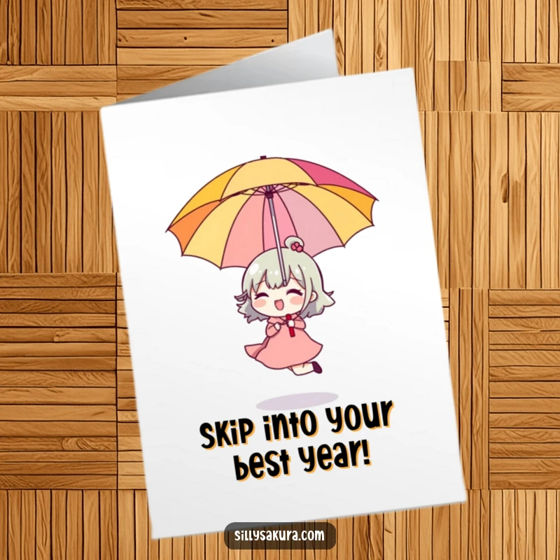 Funny Free Printable Birthday Card: Character happily skipping while holding a bright umbrella upside down, wishing a magically fun birthday.